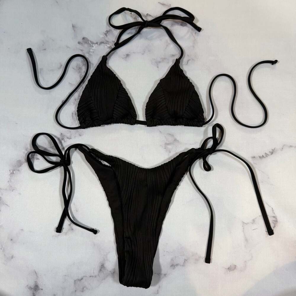 Black Ribbed Triangle String Bikini Two-Piece Cheeky Set Small
